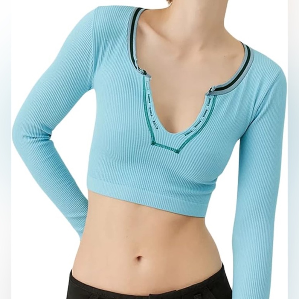 Urban Outfitters Out From Under Blue Ribbed Go For Gold Seamless Long Sleeve Top
